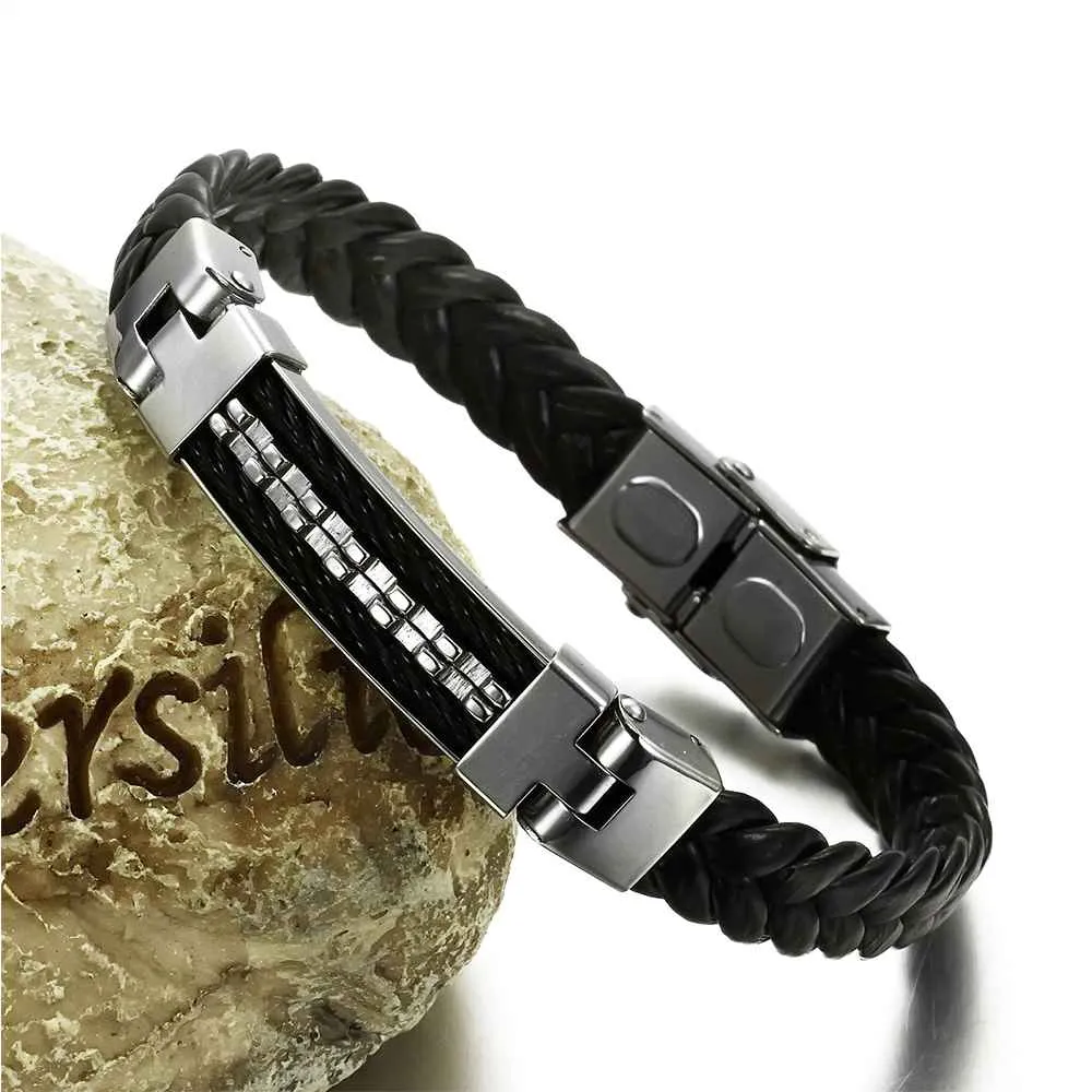 Wholesale Stainless Steel Men Jewelry Rope Bracelet Genuine PU Leather Specail Button For Men Bracelet