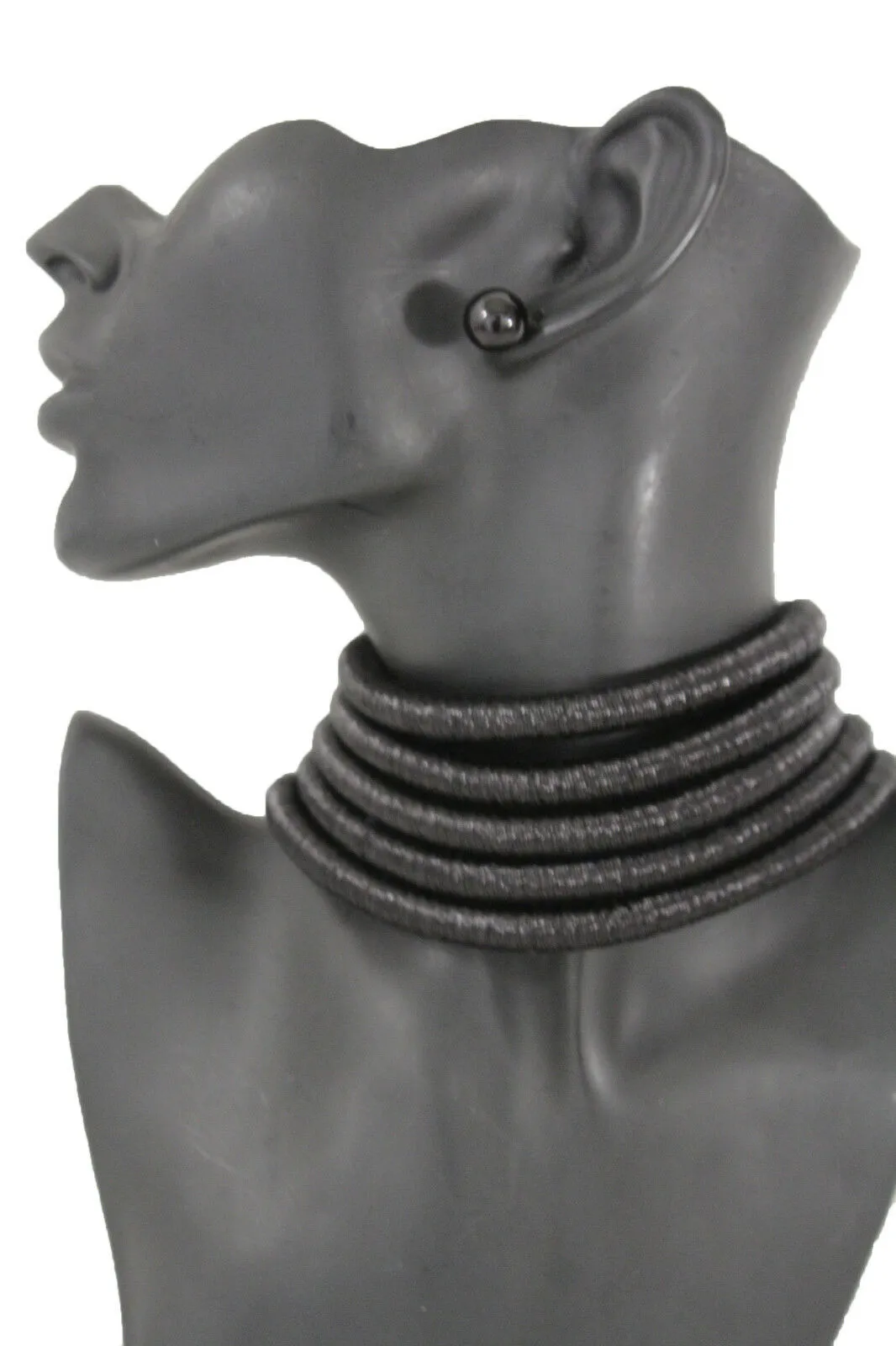 Women Short Fashion Choker Wide Necklace Black Mesh Fabric Strands Earrings Set