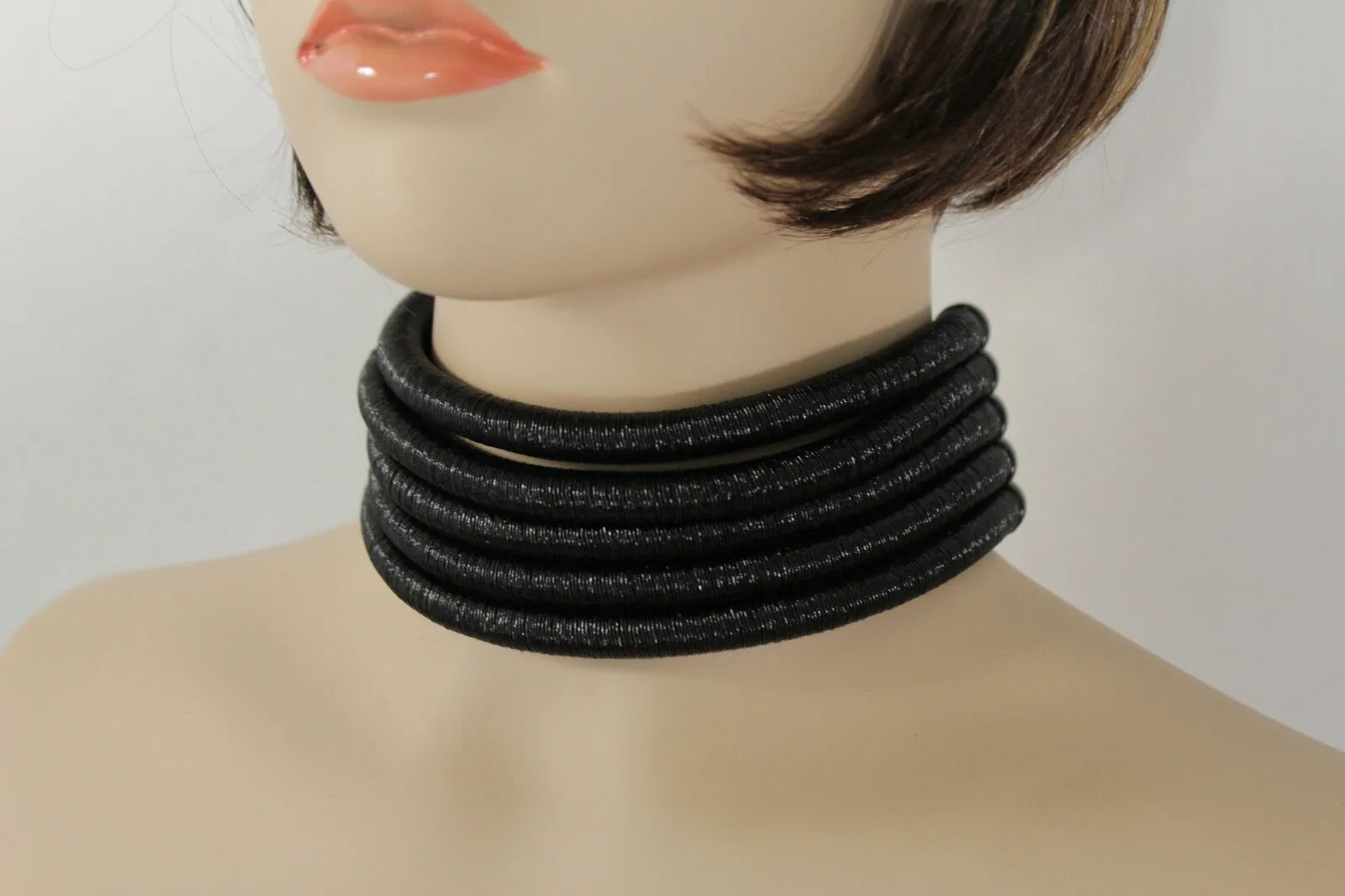 Women Short Fashion Choker Wide Necklace Black Mesh Fabric Strands Earrings Set