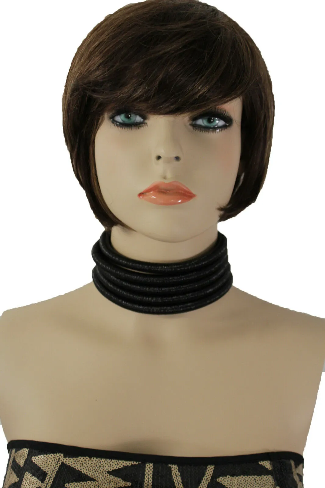 Women Short Fashion Choker Wide Necklace Black Mesh Fabric Strands Earrings Set