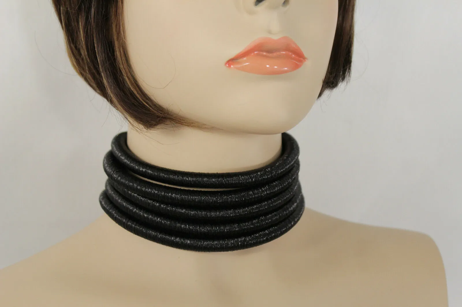 Women Short Fashion Choker Wide Necklace Black Mesh Fabric Strands Earrings Set