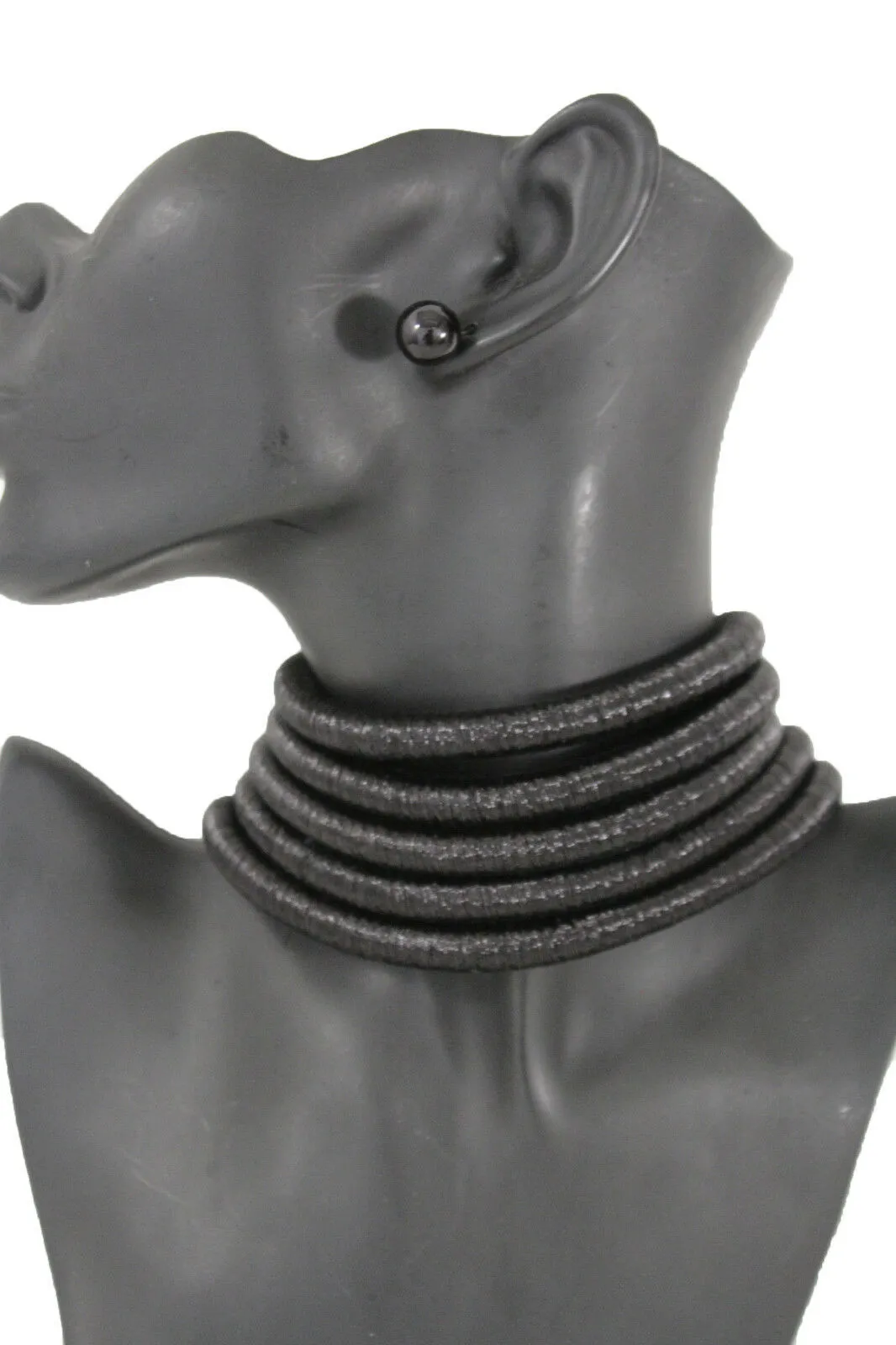 Women Short Fashion Choker Wide Necklace Black Mesh Fabric Strands Earrings Set