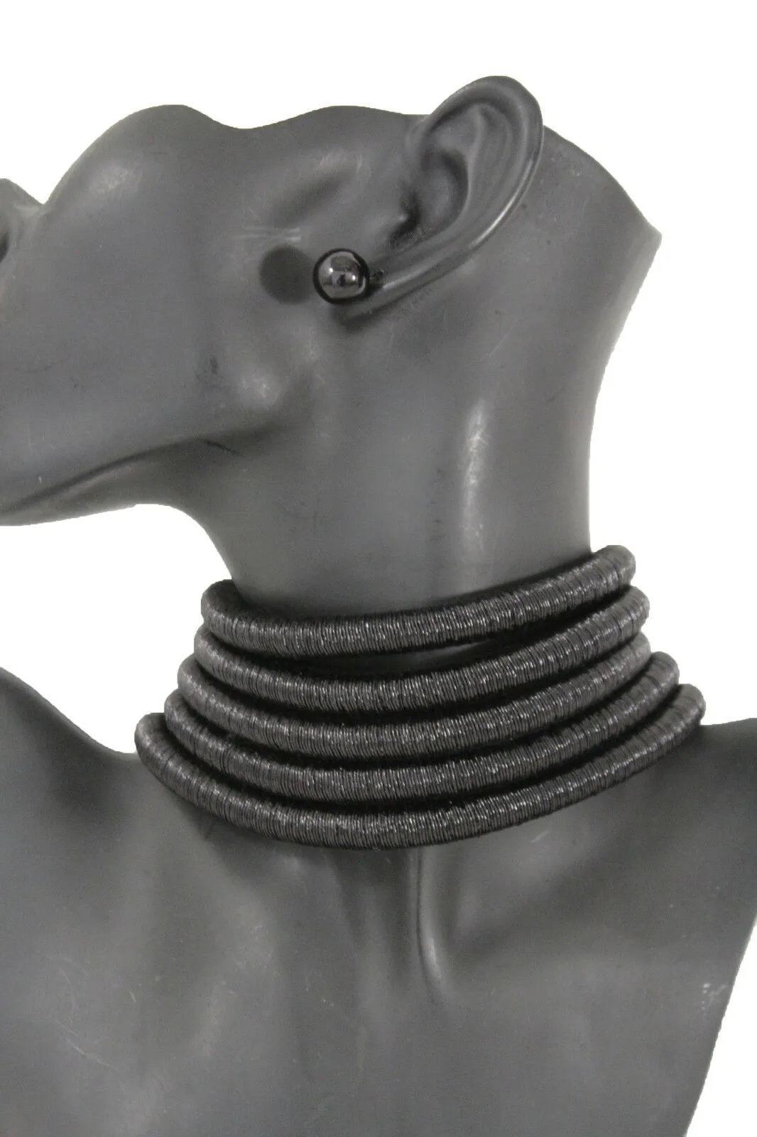 Women Short Fashion Choker Wide Necklace Black Mesh Fabric Strands Earrings Set