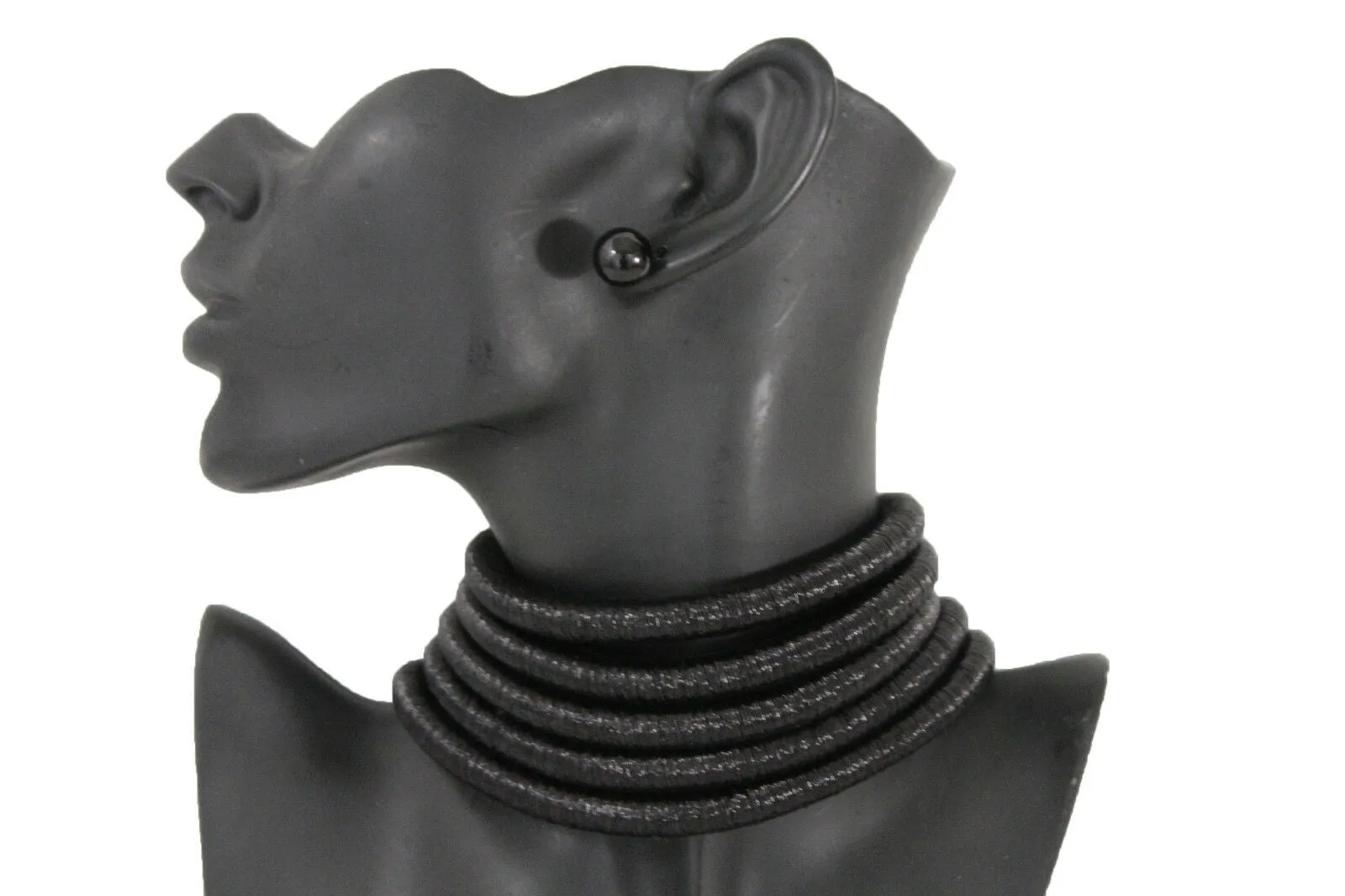 Women Short Fashion Choker Wide Necklace Black Mesh Fabric Strands Earrings Set