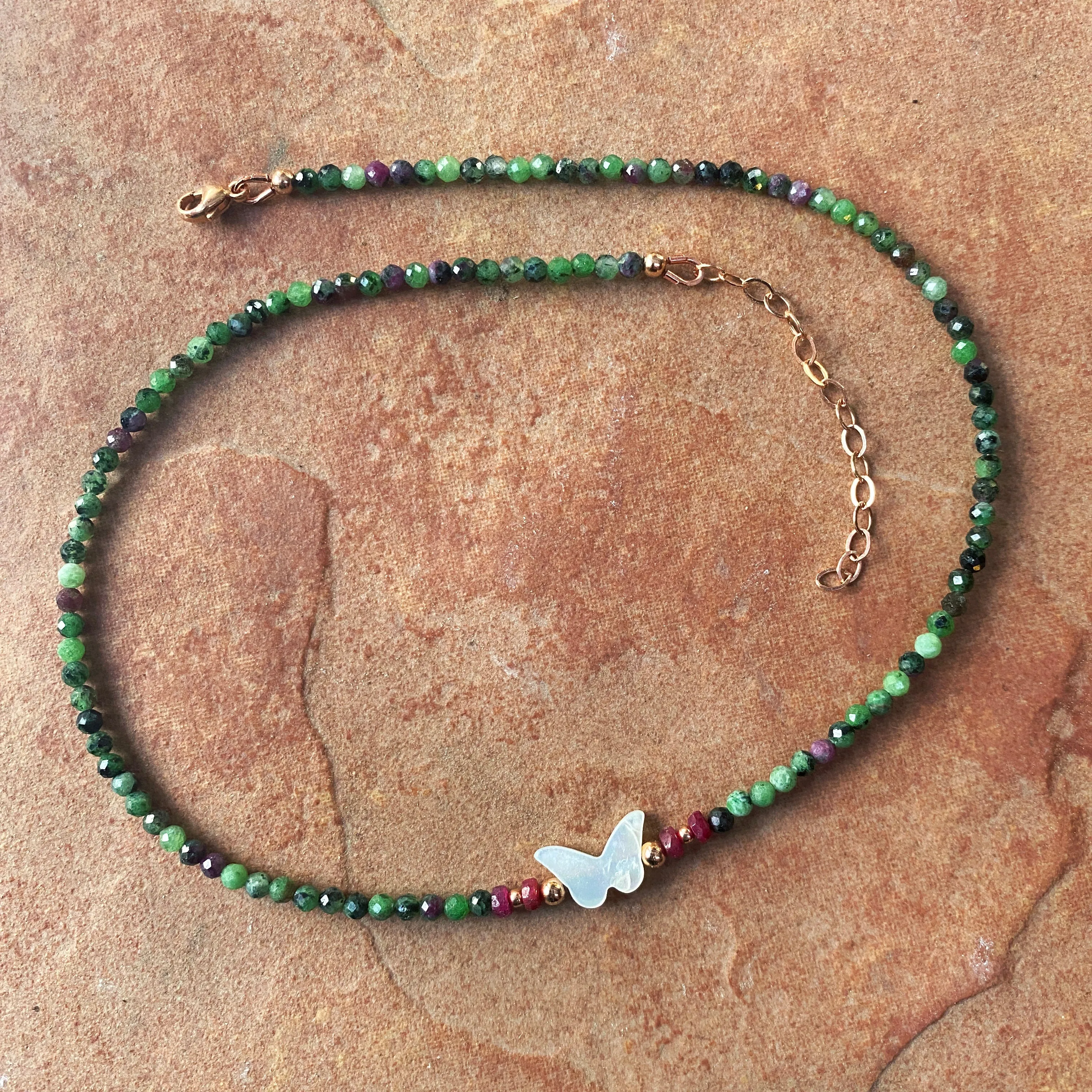 Women's Mother of Pearl Butterfly, Ruby and Ruby in Zoisite Gemstone choker necklace