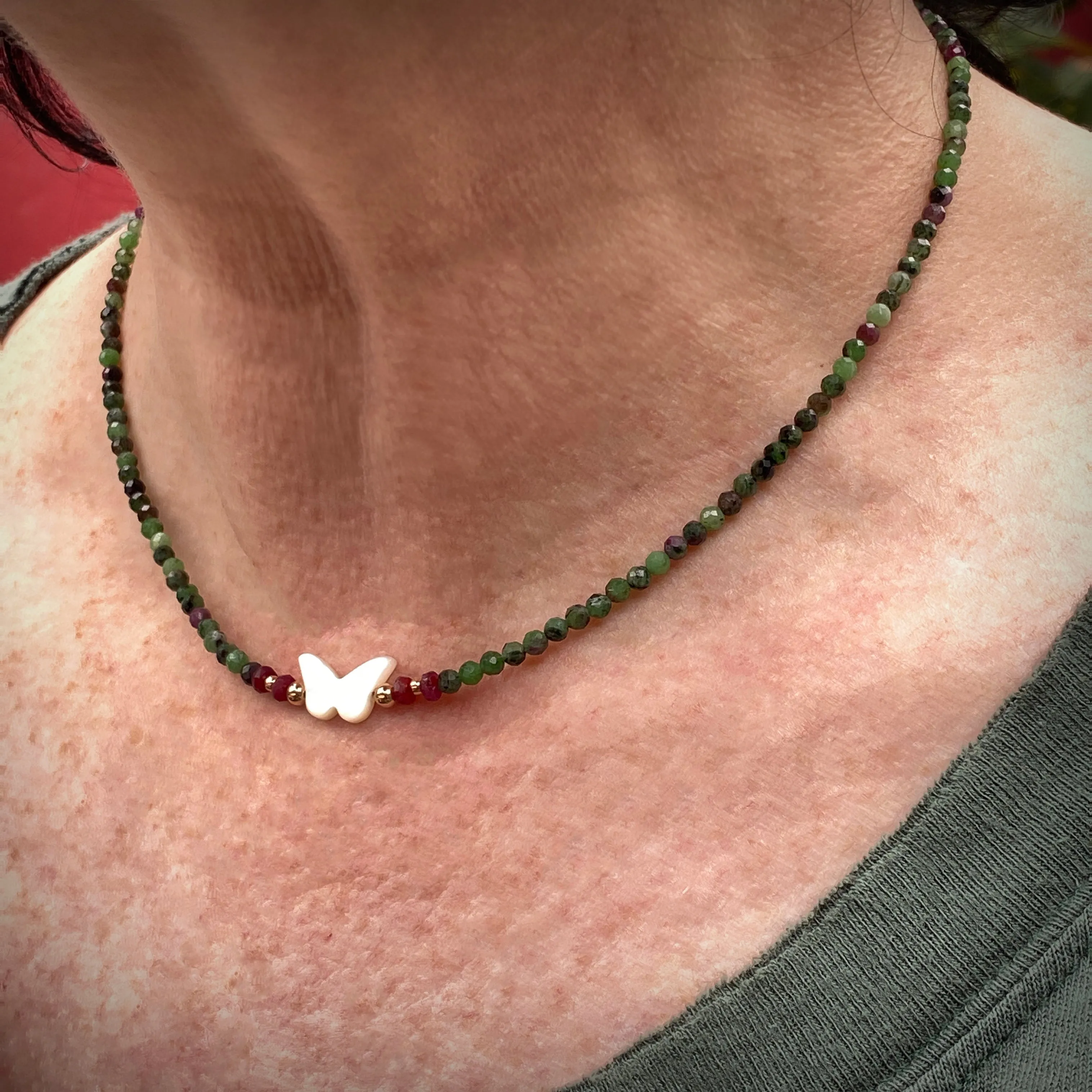 Women's Mother of Pearl Butterfly, Ruby and Ruby in Zoisite Gemstone choker necklace