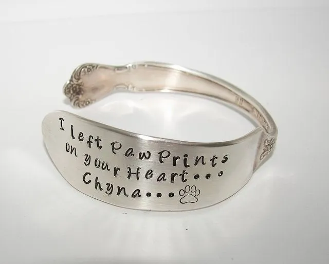 You left paw prints on my heart vintage silver plate silverware cuff, memorial pet jewelry , personalized hand stamped cuff bracelet,
